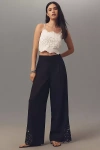 Ranna Gill Linen Blend Embroidered Wide-leg Pants In Black