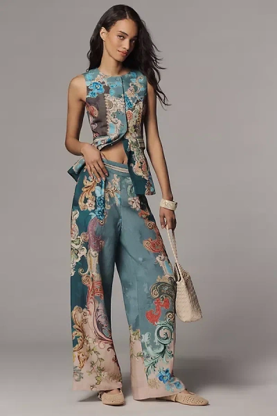 Ranna Gill Linen Blend Printed Pull-on Pants In Blue