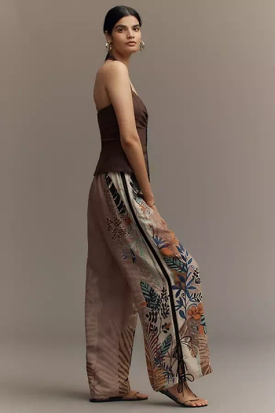 Ranna Gill Linen Blend Printed Side-bow Wide-leg Pants In Brown