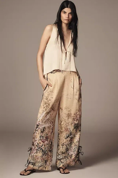 Ranna Gill Linen Blend Printed Side-bow Wide-leg Pants In Multicolor