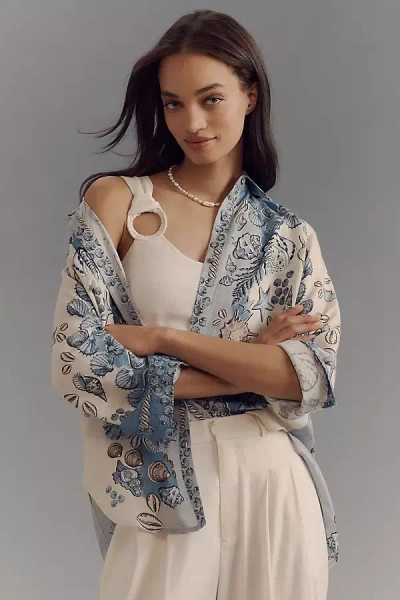 Ranna Gill Linen Blend Tropical Print Buttondown Blouse In Blue