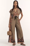 Ranna Gill Linen Blend V-neck Printed Wrap Wide-leg Jumpsuit In Green