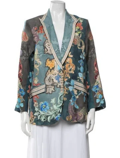 Pre-owned Ranna Gill Linen Floral Print Blazer W/ Tags In Blue