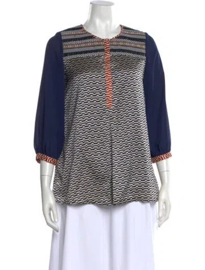 Pre-owned Ranna Gill Patterned Crew Neck Blouse In Blue