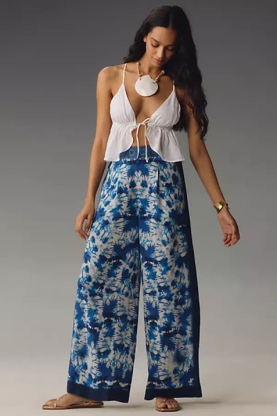 Ranna Gill Printed Linen Pull-on Wide-leg Pants In Blue