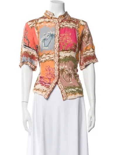 Pre-owned Ranna Gill Printed Short Sleeve Button-up Top In Orange