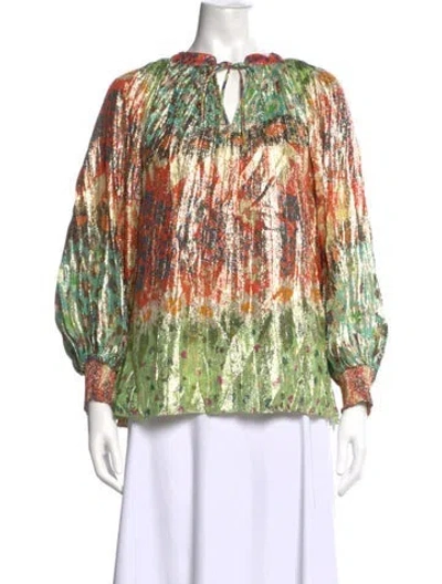 Pre-owned Ranna Gill Printed Tie Neck Top In Green