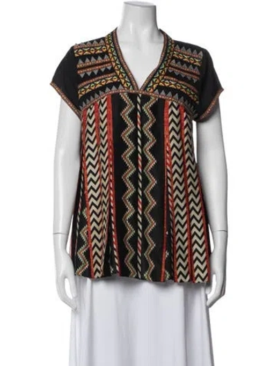 Pre-owned Ranna Gill Printed V-neck Top In Black