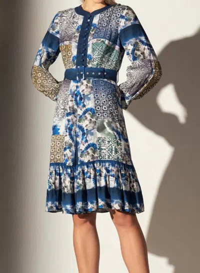 Ranna Gill Roby Full Sleeve Belted Dress In Blue In Multi