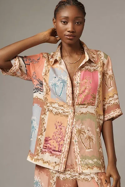 Ranna Gill Tropical Print Linen Collared Blouse In Multicolor