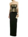 Raoul Brocade Peplum Strapless Column Embellished Long Dress In Black/gold In Black