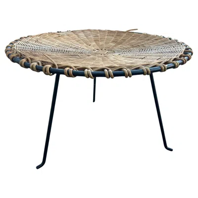 Pre-owned Raoul Guys Mid-century Modern Round Coffee Table With Wicker Top And Metal Frame In Brown