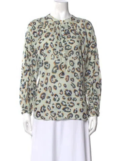 Pre-owned Raquel Allegra Animal Print Long Sleeve Blouse In Green