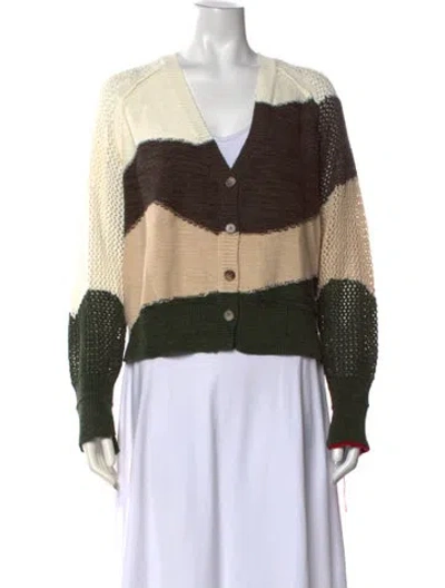 Pre-owned Raquel Allegra Colorblock Pattern V-neck Sweater In Green/neutrals