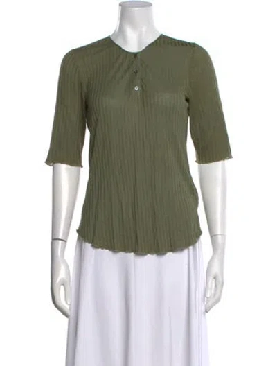 Pre-owned Raquel Allegra Crew Neck Three-quarter Sleeve Button-up Top In Green