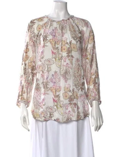 Pre-owned Raquel Allegra Floral Print Crew Neck Blouse In Neutral