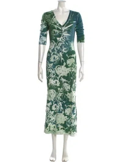 Pre-owned Raquel Allegra Floral Print Long Dress In Green