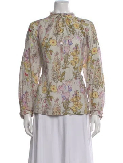 Pre-owned Raquel Allegra Floral Print Long Sleeve Blouse In White