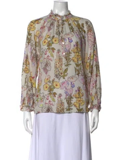 Pre-owned Raquel Allegra Floral Print Long Sleeve Blouse In White