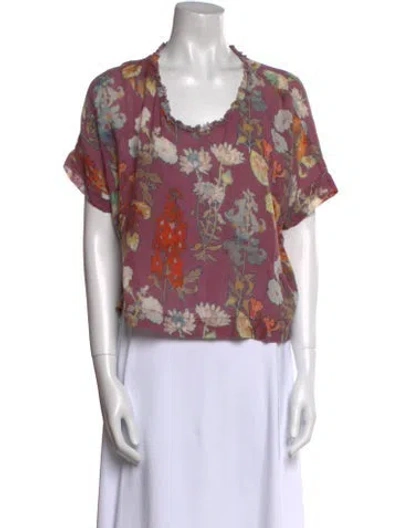 Pre-owned Raquel Allegra Floral Print Scoop Neck Blouse In Burgundy