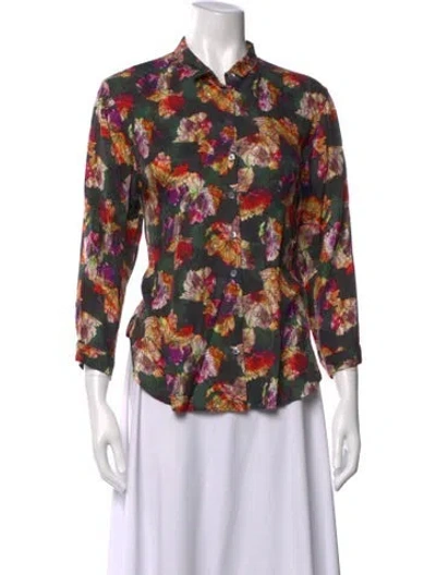 Pre-owned Raquel Allegra Floral Print Three-quarter Sleeve Button-up Top In Blue
