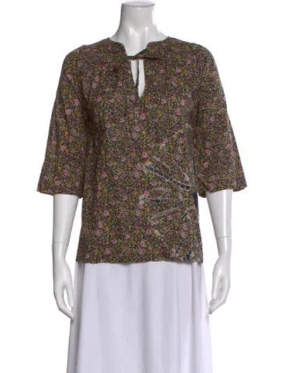 Pre-owned Raquel Allegra Floral Print Tie Neck Blouse In Black
