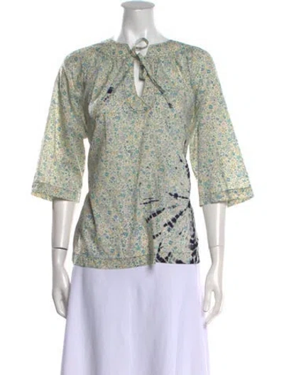 Pre-owned Raquel Allegra Floral Print Tie Neck Blouse In Green