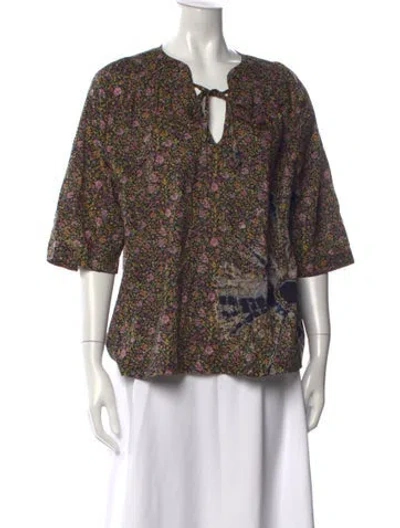 Pre-owned Raquel Allegra Floral Print Tie Neck Top In Multi