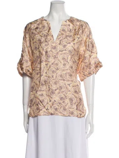 Pre-owned Raquel Allegra Floral Print V-neck Blouse In Neutral