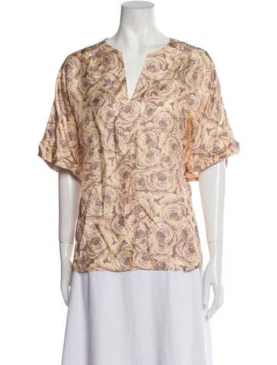 Pre-owned Raquel Allegra Floral Print V-neck Blouse In Neutral