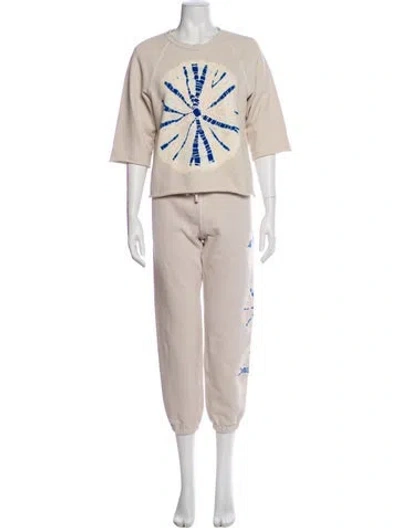 Pre-owned Raquel Allegra Graphic Print Raw-edge Trim Pant Set In Neutral