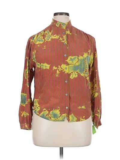 Pre-owned Raquel Allegra Long Sleeve Silk Top Green High Neck Tops