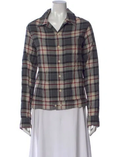 Pre-owned Raquel Allegra Plaid Print Long Sleeve Button-up Top In Green