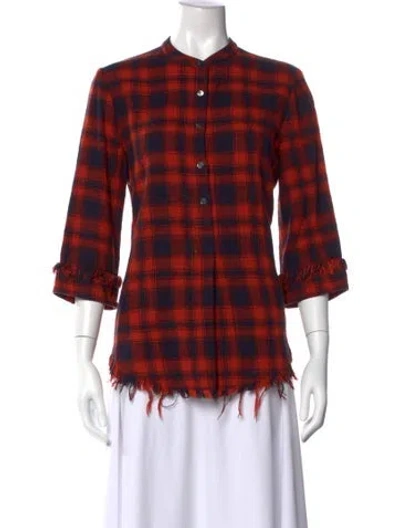 Pre-owned Raquel Allegra Plaid Print Three-quarter Sleeve Top In Orange