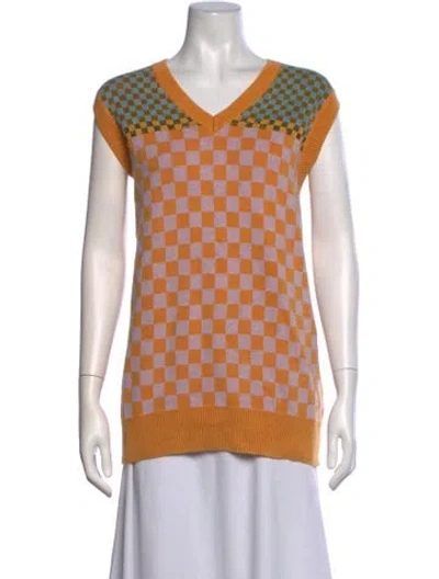 Pre-owned Raquel Allegra Plaid Print V-neck Sweater In Orange