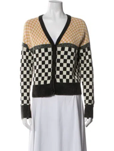 Pre-owned Raquel Allegra Plaid Print V-neck Sweater In White