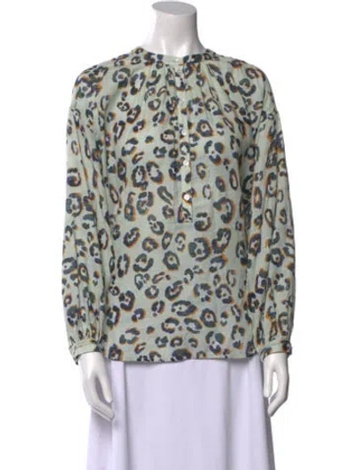 Pre-owned Raquel Allegra Printed Crew Neck Blouse In Green