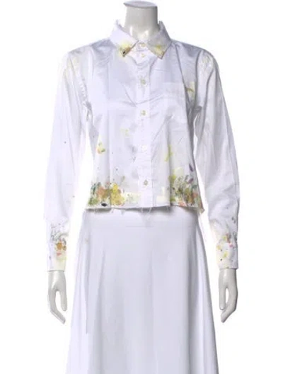 Pre-owned Raquel Allegra Printed Long Sleeve Button-up Top In White
