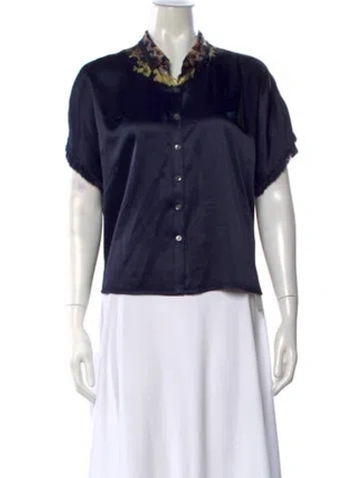 Pre-owned Raquel Allegra Printed Short Sleeve Button-up Top In Blue