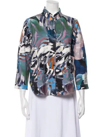 Pre-owned Raquel Allegra Printed Three-quarter Sleeve Button-up Top In Blue