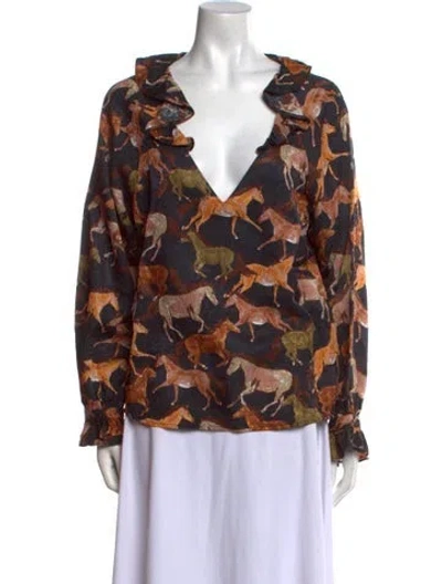 Pre-owned Raquel Allegra Printed V-neck Blouse In Black