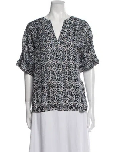 Pre-owned Raquel Allegra Printed V-neck Blouse In Blue