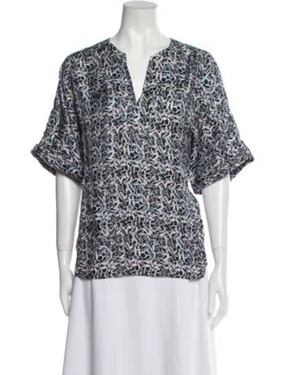 Pre-owned Raquel Allegra Printed V-neck Blouse In Blue