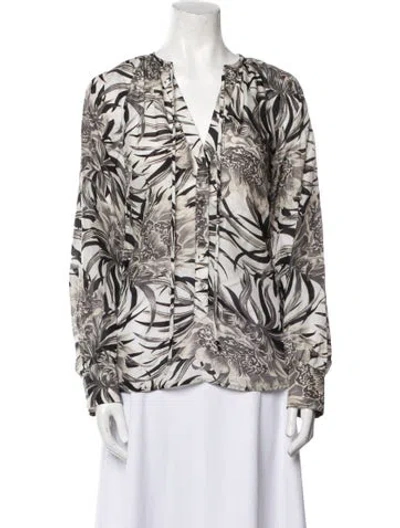 Pre-owned Raquel Allegra Printed V-neck Blouse W/ Tags In Neutral