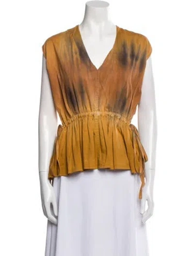 Pre-owned Raquel Allegra Printed V-neck Blouse In Yellow