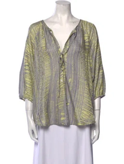 Pre-owned Raquel Allegra Printed V-neck Blouse In Yellow