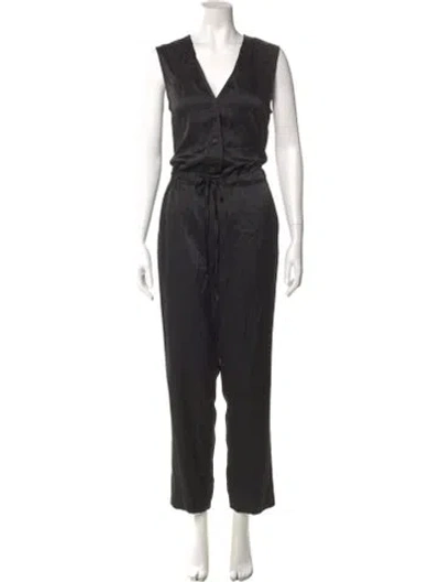 Pre-owned Raquel Allegra Silk V-neck Jumpsuit In Black