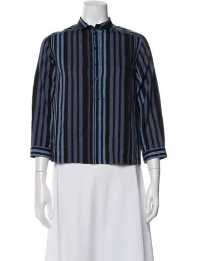 Pre-owned Raquel Allegra Striped Three-quarter Sleeve Top In Blue