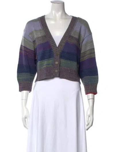 Pre-owned Raquel Allegra Striped V-neck Button-up Top In Blue