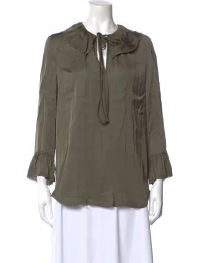 Pre-owned Raquel Allegra Tie Neck Three-quarter Sleeve Blouse In Green